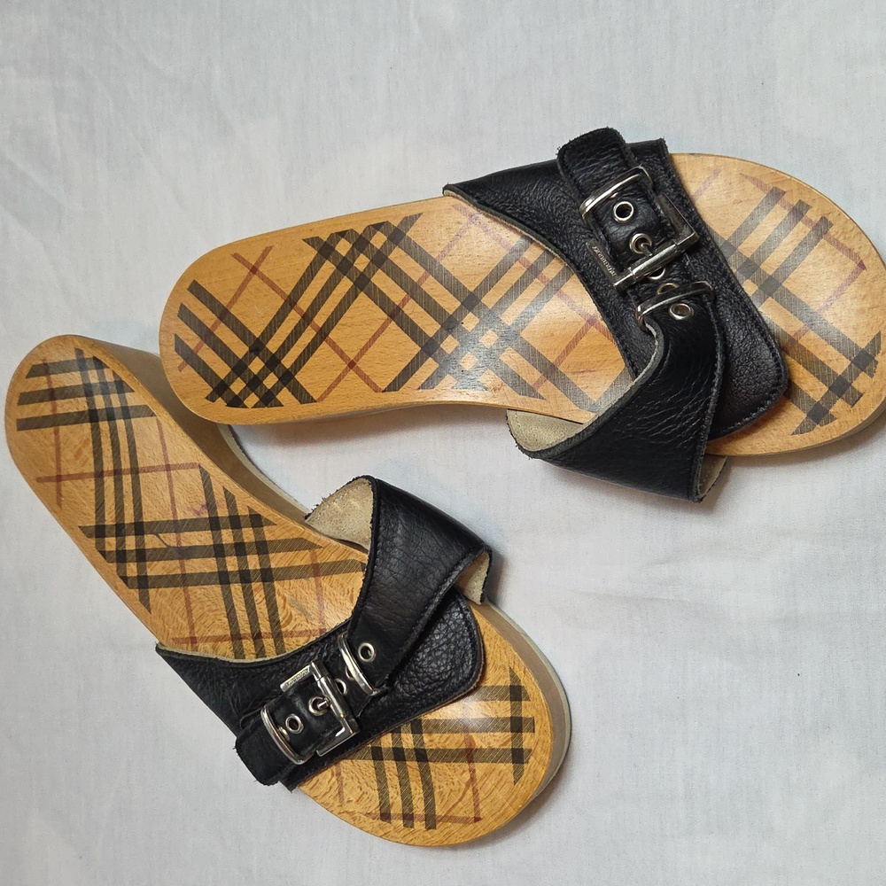 BURBERRY Limited Edition 2004 Wooden Sandals BLACK PLAID Leather Clog size 8 - Picture 3 of 13